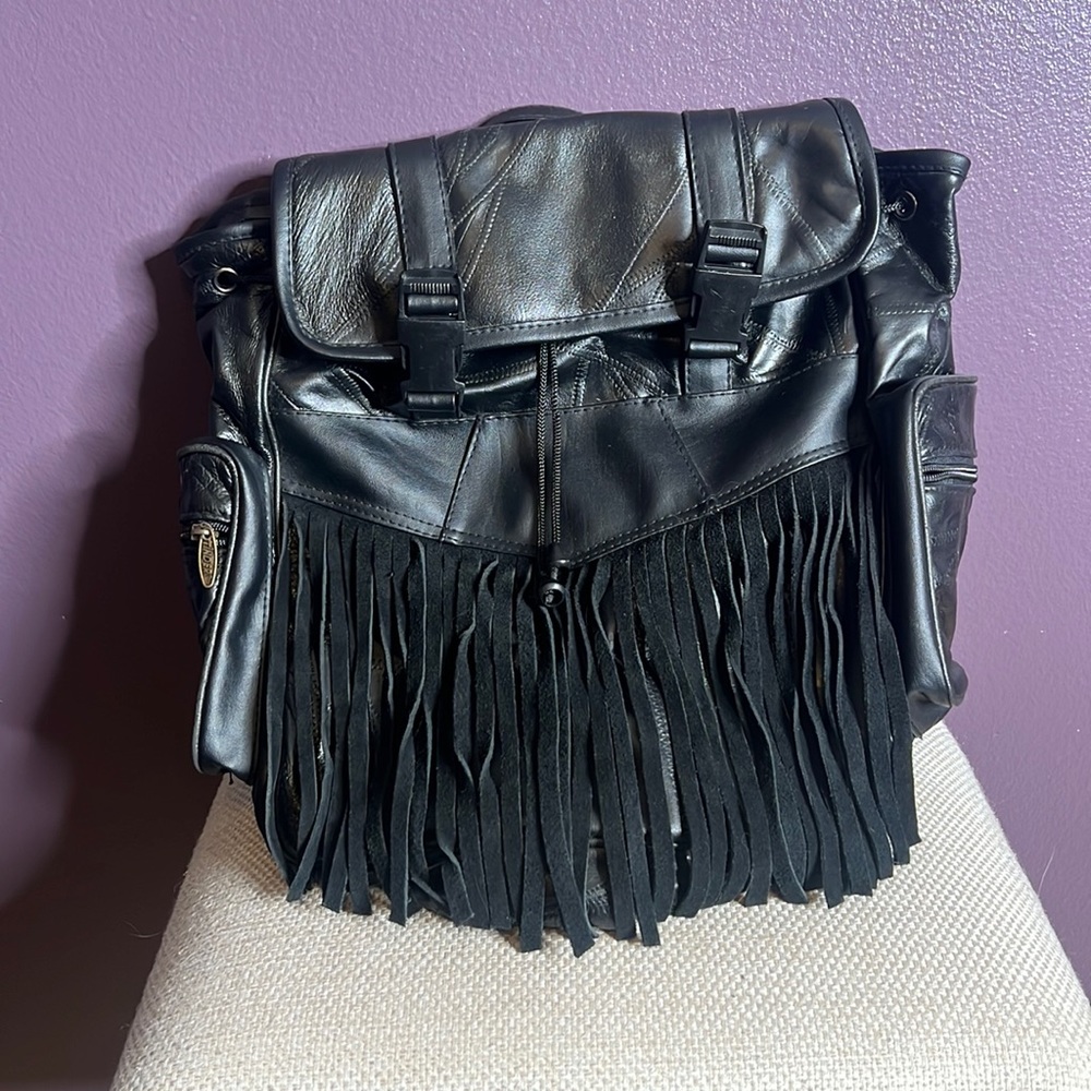 Black Faux Leather Backpack with Fringe